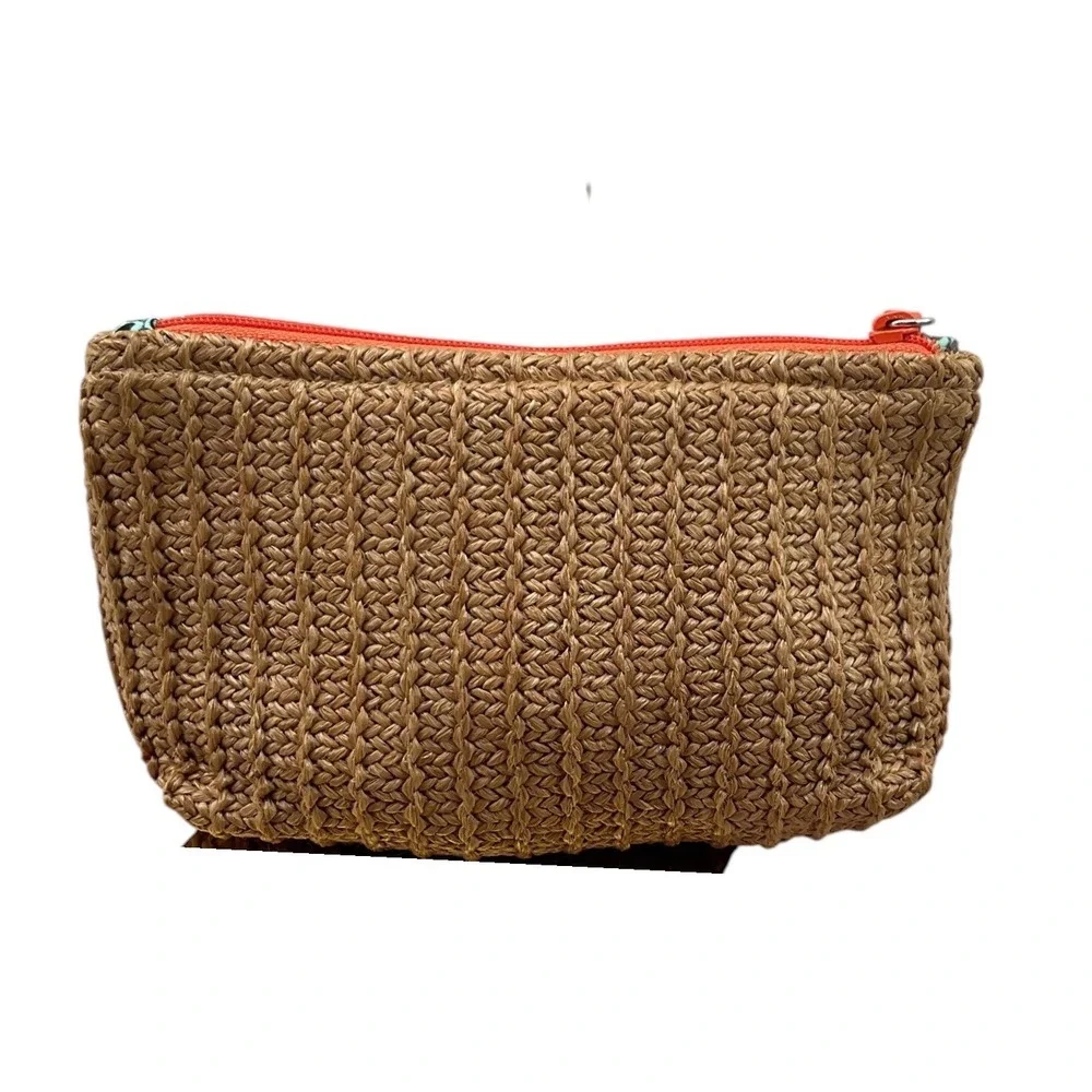 Vera Bradley Woven Straw Bird on a Wire Cosmetic Bag Pouch Tan Orange Multi